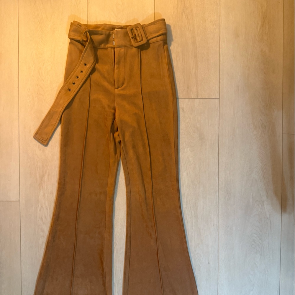 Flying Tomato Suede-Look High-Waist Flare Trousers in Camel Brown